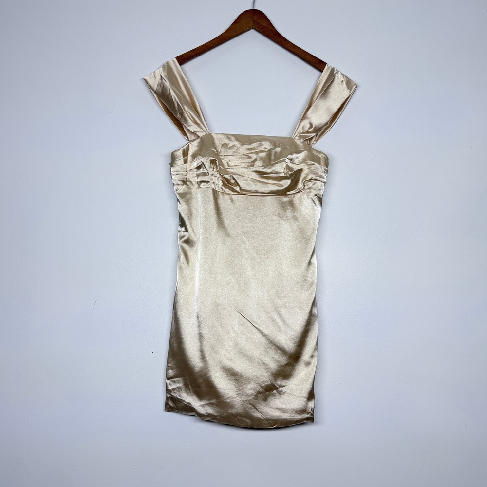 Weinaze Champagne Gold Satin Mini Dress Sleeveless Pleated V-Back Size 4 NEW